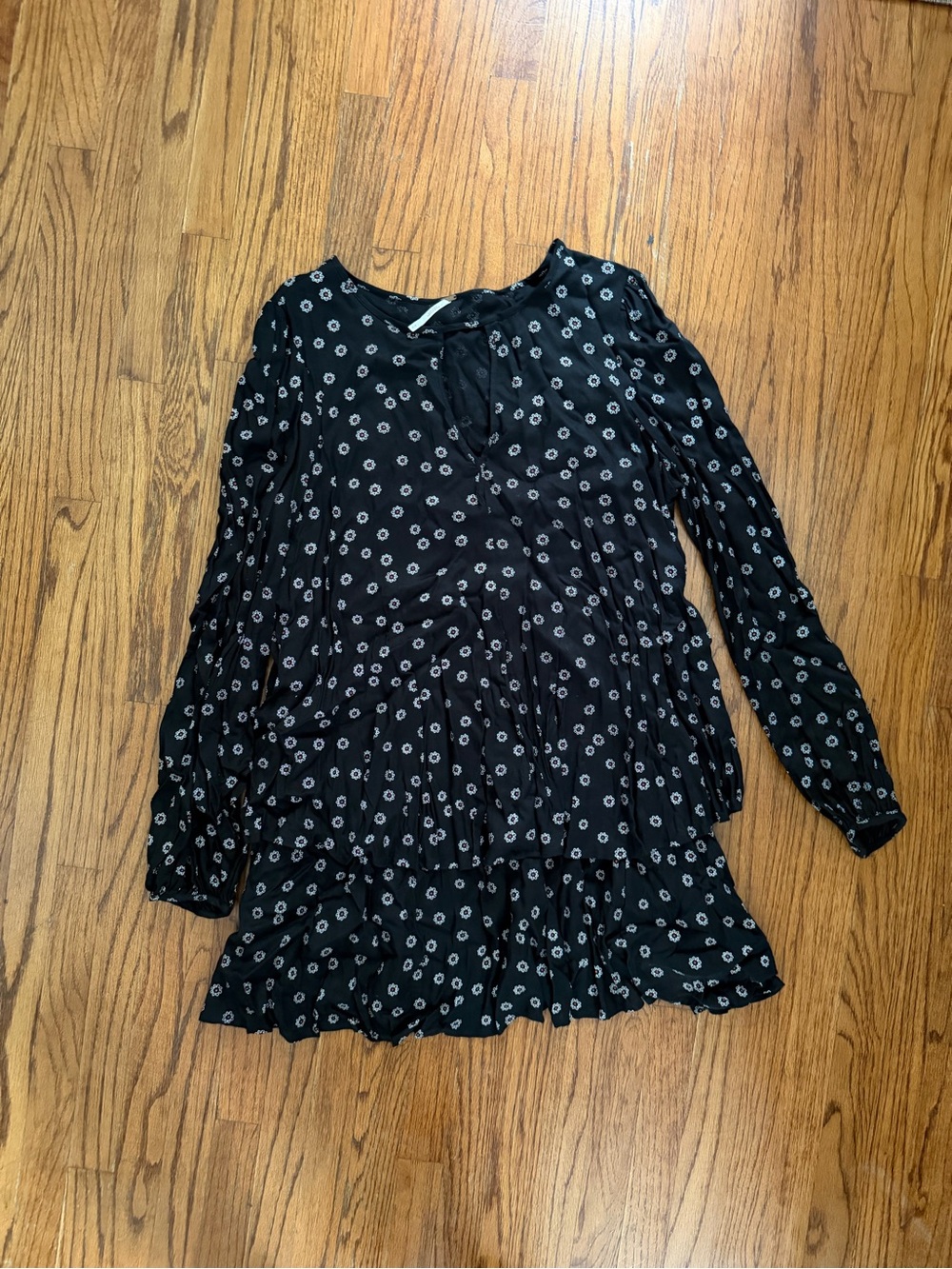 Free People NY Printed Black Beck Dress Flower Layered Mini Swing Dress Size M